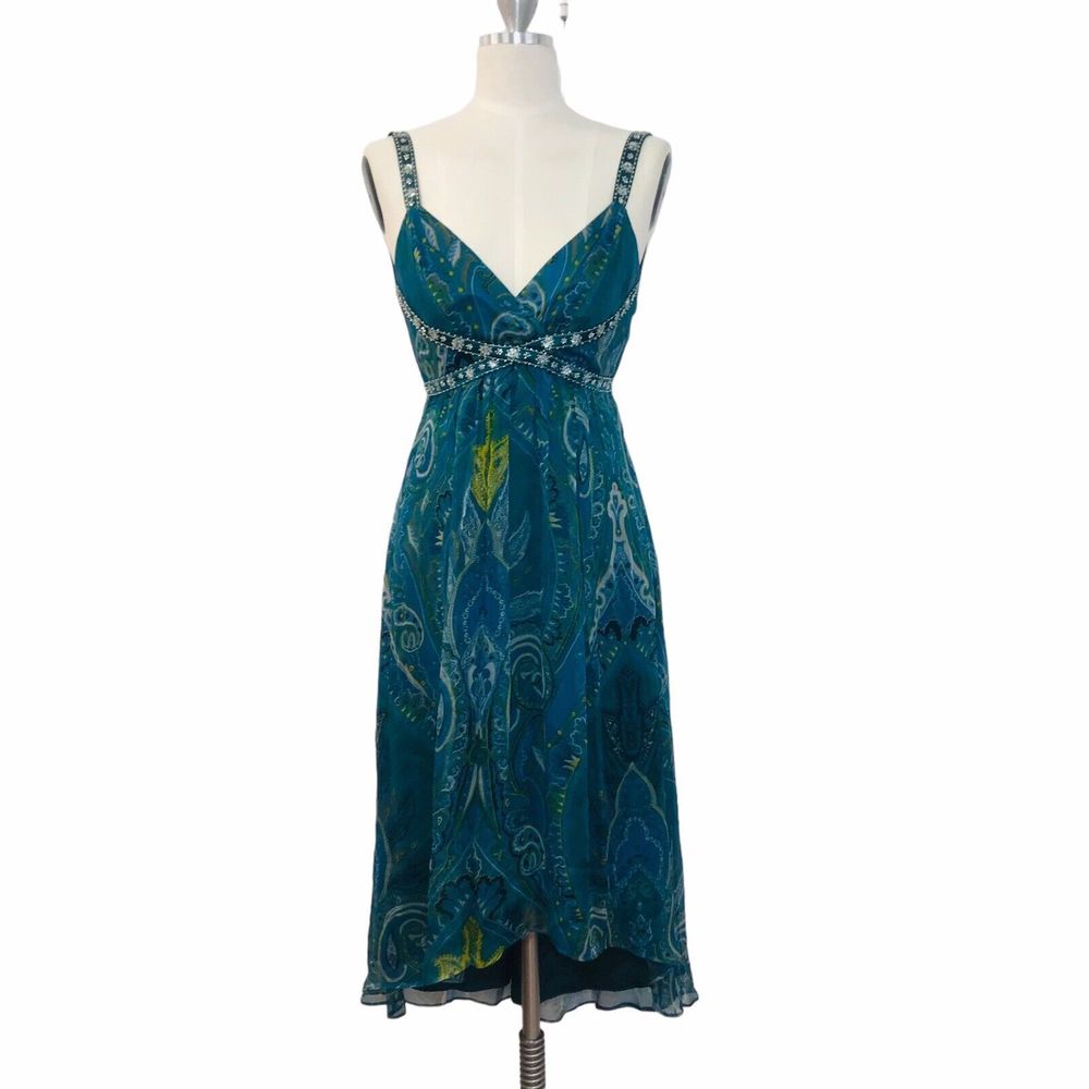Laundry by Shelli Segal Beaded Dress Size 2 Green Teal 100% Silk High Low Hem